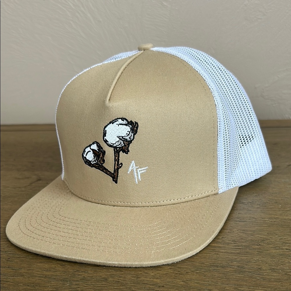 American Fitcher Tan and White Trucker Hat with Cotton Design. New With No Tag.